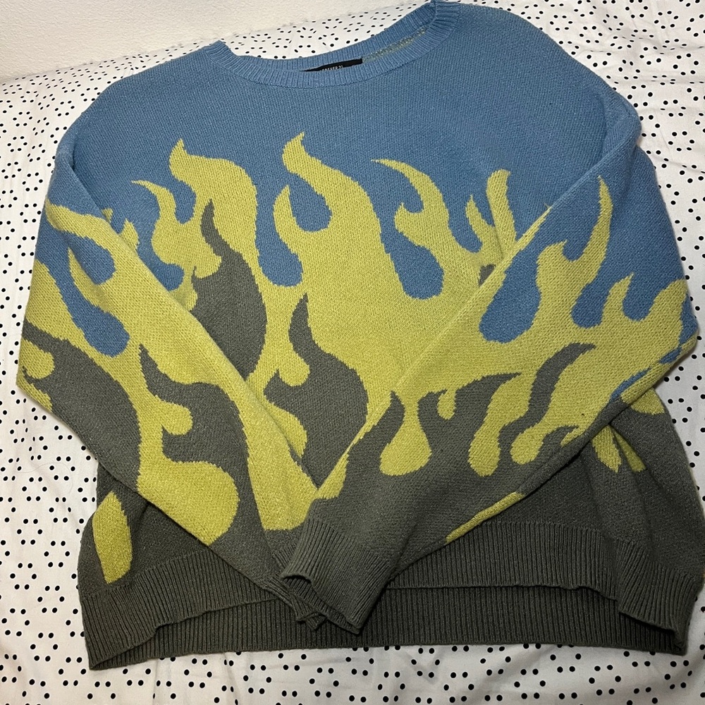 Green and blue Forever 21 flame sweater.